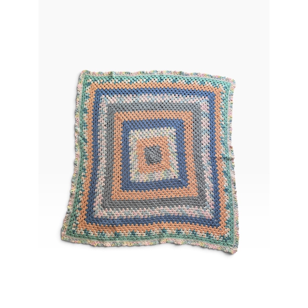 Handmade Crochet Baby Blanket Granny Square Pastel Blue Peach Crib Throw